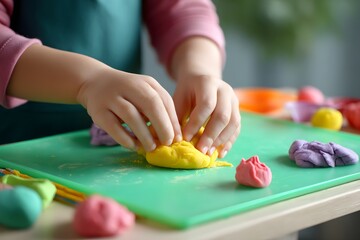 Child is playing with Play-Doh on a green cutting board. The child is using their hands to mold the Play-Doh into various shapes and designs. Concept of creativity and fun