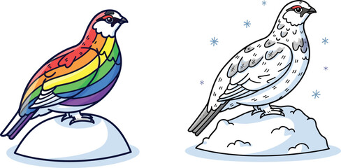 Stylized birds in snowy landscape, vibrant rainbow plumage and winter feathers, abstract vector wildlife illustration for seasonal design and decor