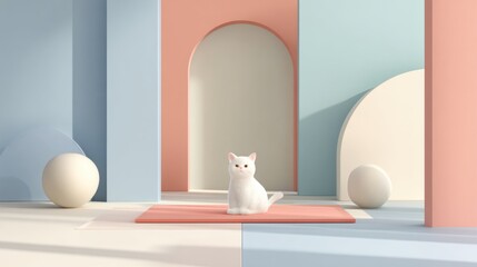 Charming white cat sits serenely amidst a pastel-toned minimalist architectural scene bathed in soft, artistic light