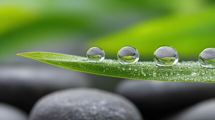 Water droplets adorning leaf surface macro photography capturing three glistening water droplets perfectly balanced on leaf blade