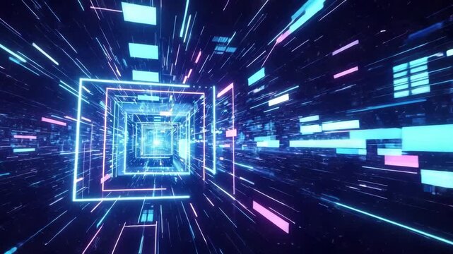 Futuristic digital tunnel with glowing neon lines and geometric shapes creating a sense of speed and technology - Powered by Adobe