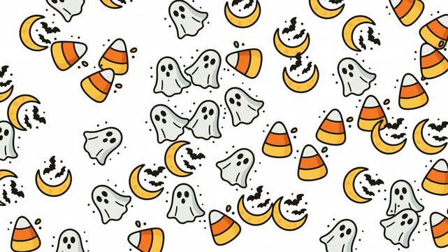 Cinematic halloween pattern glowing in rhythmic repetition of ghosts and pumpkins crafted for chilling wallpapers, looping horror animations, gothic textile visuals, spooky celebration branding