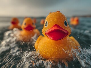 Group of rubber ducks are floating in the water. The ducks are yellow and appear to be having fun in the water