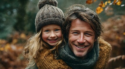 Man and a little girl are smiling and wearing hats and scarves. The man is holding the girl on his back
