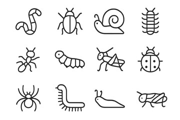Fototapeta premium Garden Insect Icons. Garden Creatures. Line icon set of Garden Creatures: earthworm, beetle, snail, centipede, ant, caterpillar, grasshopper, ladybug, spider,