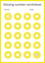 Missing number worksheet with lemons for kids, count and fill in numbers from 1 to 20, great for preschool math, number sequence training and fun educational activities. Vector illustration, A4 format
