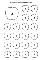Learning worksheet for kids, find and color numbers. Educational game to recognize the shape of the number 2. Vector illustration in A4 format.