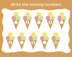 Write the missing numbers in ice cream. Children's educational game. Score 1-10.