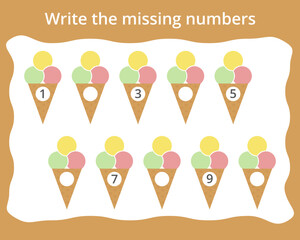 Write the missing numbers in ice cream. Children's educational game. Score 1-10.
