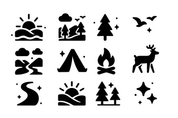 Sunrise Nature Icons. Sunrise Over Hills. Solid icons set of sunrise, hills, trees, birds, river, clouds, tent, campfire, deer, pathway, sun rays, stars.