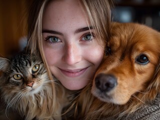 Woman is smiling and hugging a cat and a dog. The cat is black and white and the dog is brown