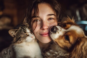 Woman is hugging two dogs and a cat. The woman has a smile on her face and the animals seem to be enjoying the attention