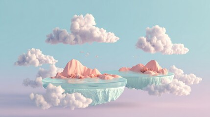 Dreamy pastel sky islands with pink mountains and serene water float peacefully amongst soft clouds, evoking wonder and imagination.