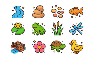 Naklejka premium Winding Stream Icons. Winding Stream. Colorful isometric vector icons set of winding stream: flowing water, stones, pebbles, fish, lily pad, frog, reeds,