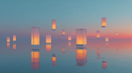 Enchanting lanterns float serenely on tranquil water at sunset, casting warm golden light across a breathtaking serene landscape.