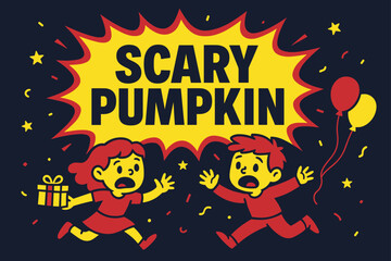 Spooky Pumpkin Parade. Scary Pumpkin banner, flat vector illustration, bold oversized text inside comic burst, cartoon characters running and waving, holding