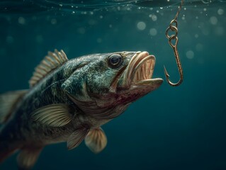 Fish is biting a fishing hook. The fish is large and the hook is gold. The water is dark blue