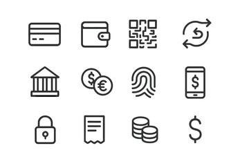 Payment Icons Grid. Payment Solutions. Line icon set of Payment Solutions: credit card, digital wallet, QR code, transaction, bank building,