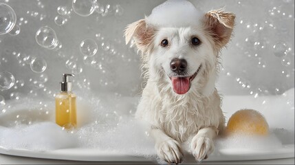 White dog is in a bathtub with bubbles and a bottle of shampoo. The dog is smiling and he is enjoying the bath