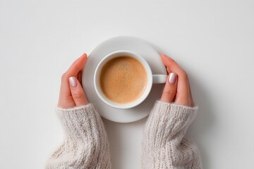 Person holding a white coffee cup with a white saucer. The cup is filled with coffee and the person's hands are wrapped around it. Concept of warmth and comfort