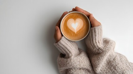 Person holding a mug of coffee with a heart design on it. Concept of warmth and comfort, as the person is wrapped in a cozy sweater while enjoying their coffee