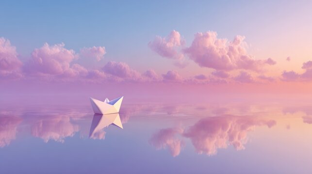 Serene paper boat drifts across tranquil water reflecting pastel sky clouds, symbolizing hope and new beginnings.