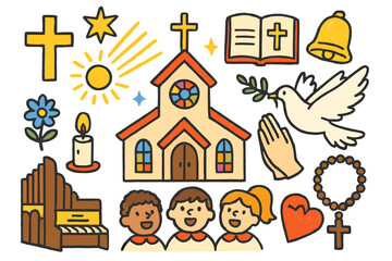 Fototapeta premium Colorful Church Doodle. Church. Colorful Hand-drawn doodle Children illustration Church building, cross, stained glass, bible, candle, bell, dove, praying