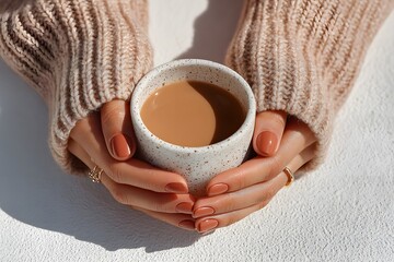 Person is holding a cup of coffee in their hands. The coffee is brown and he is hot. The person is wearing a sweater and has painted nails. Concept of warmth and comfort