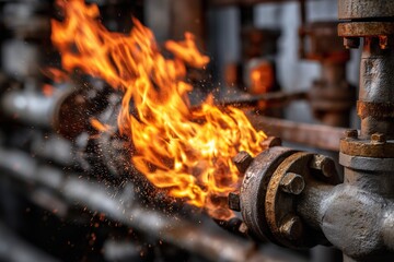 Close-up of a bright orange-yellow flame flaring from a valve on a complex network of industrial oil or gas pipelines and machinery.