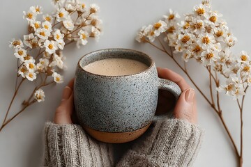 Person is holding a mug with a flower design on it. The mug is filled with a warm beverage, and the flowers are arranged around it. Concept of comfort and relaxation