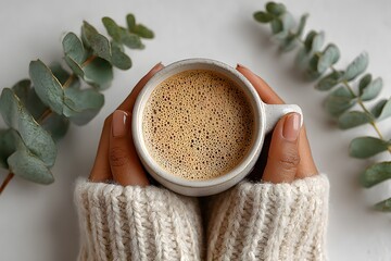 Person holding a white coffee cup with a leafy green plant in the background. Concept of warmth and comfort, as the person is wrapped in a cozy sweater while enjoying their coffee
