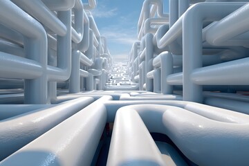 Long, white pipe stretches out into the distance, with a clear blue sky above it. The pipe is so long that it seems to go on forever, and the sky is so vast that it is endless