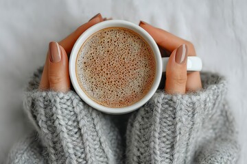 Person holding a mug of coffee in their hand. The mug is white and has a lot of foam on top. The person is wearing a gray sweater and has painted nails. The image conveys a cozy