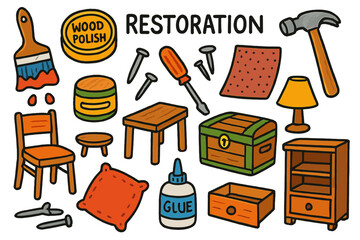 Furniture Restoration Tools. Restoration. Colorful Hand-drawn doodle Children illustration Restoration paintbrush, wood polish, screwdriver, hammer, nails,