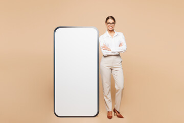 Full body young happy employee IT business woman corporate lawyer wears white shirt work in office...