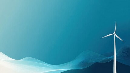 Stunning modern wind turbine on clean blue background with flowing wave lines symbolizing renewable energy and innovation for business