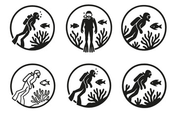 Fototapeta premium Marine Badge Logos. Exploration of ocean depths and undiscovered marine ecosystems. Set Logo of marine badge: circular emblem with diver, fish, and coral.