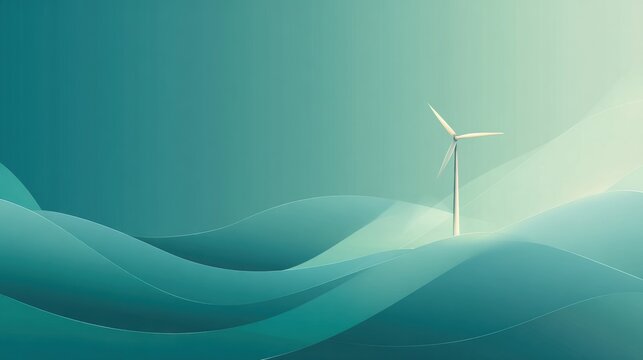 Serene wind turbine generates clean energy against a backdrop of rolling, abstract green waves, symbolizing sustainability and a brighter future for our planet. - Powered by Adobe