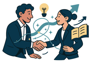 Fototapeta premium Dynamic Coaching Connections. Executive coaching. Mentor and professional shaking hands with glowing connection lines. Floating icons of lightbulb, arrow, and