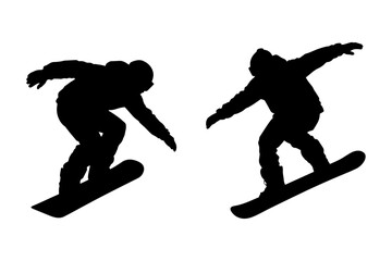 Fototapeta premium Silhouette of snowboarders mid-air capturing dynamic action