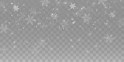 Snowfall background, white snowflakes vector, winter cold weather design. Many falling snow flake elements on transparent background, frosty air texture, frozen crystal particles overlay.	
