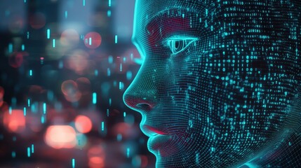 A digital representation of a human face, illuminated with binary code, showcasing the intersection of technology and human-like features.