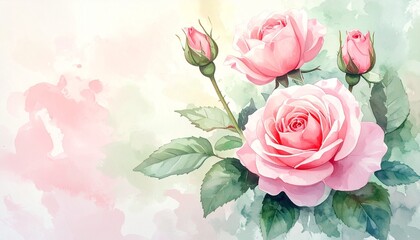 Zarter Aquarell-Hintergrund mit rosa Rosen in unterschiedlichen Bl&uuml;tenstadien