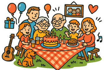 Family Celebration Doodles. Family gathering. Colorful Hand-drawn doodle Children illustration Family gathering dining table, cake, balloons, gift box, kids,