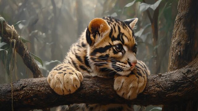Adorable Ocelot Cub Resting on a Tree Branch in a Lush Jungle Environment.