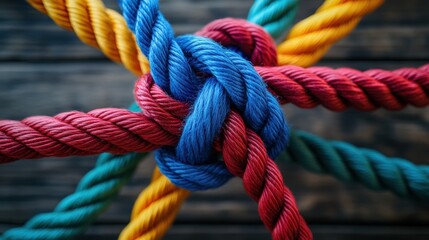 A colorful arrangement of intertwined ropes, showcasing a complex knot against a dark wooden background.