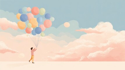 Dreamy illustration of a person holding colorful balloons against a pastel sky, evoking freedom, joy, and aspirations