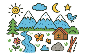 Naklejka premium Alpine Adventure Doodle. Alpine Range. Colorful Hand-drawn doodle Children illustration snowy peaks, pine tree, river, sun, cloud, cabin, flower, star, moon,