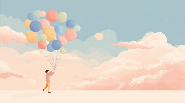 Dreamy illustration of a person holding colorful balloons against a pastel sky, evoking freedom, joy, and aspirations