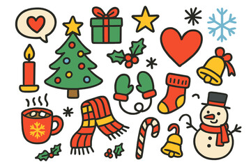 Festive Holiday Icons. Christmas Love. Colorful Hand-drawn doodle Children illustration Christmas tree, heart, gift box, star, snowflake, candle, hot cocoa